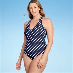 NWOT Kona Sol Size Large Nautical Stripe One Piece Swimsuit Medium Coverage Navy